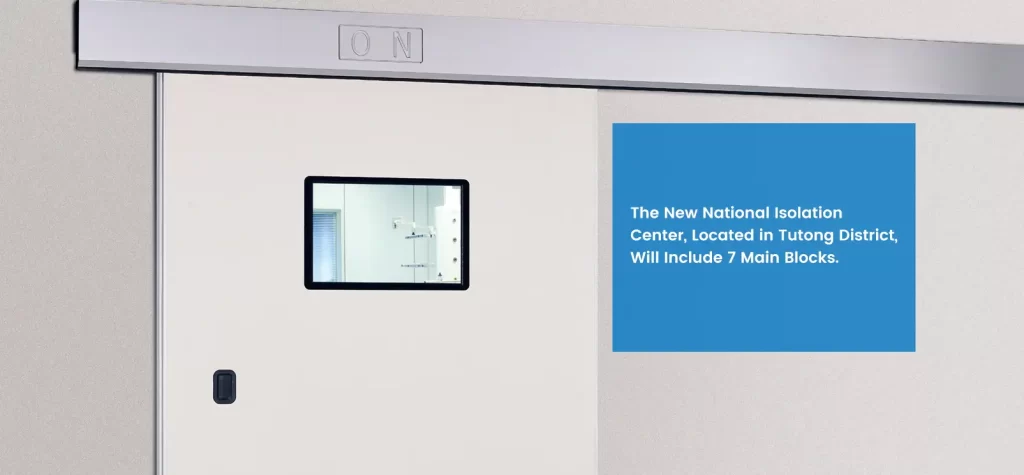 Close-up of a sterile isolation door with an observation window, part of Brunei’s new National Isolation Center in Tutong District.