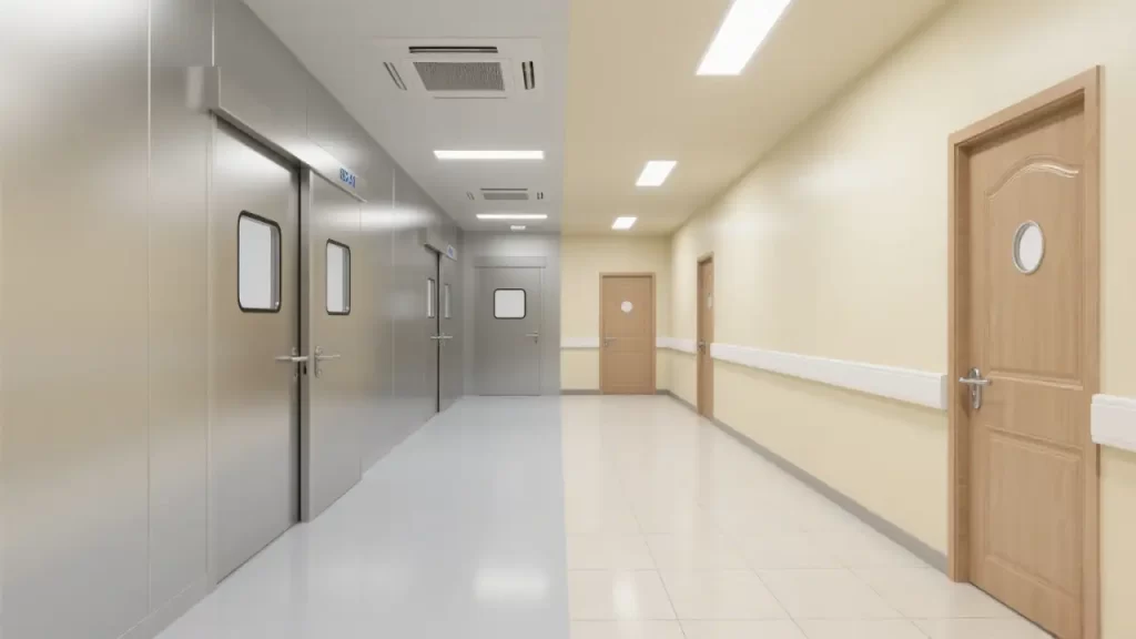 Stainless Steel Door for Cleanroom Area + Wooden Door for Standard Area
