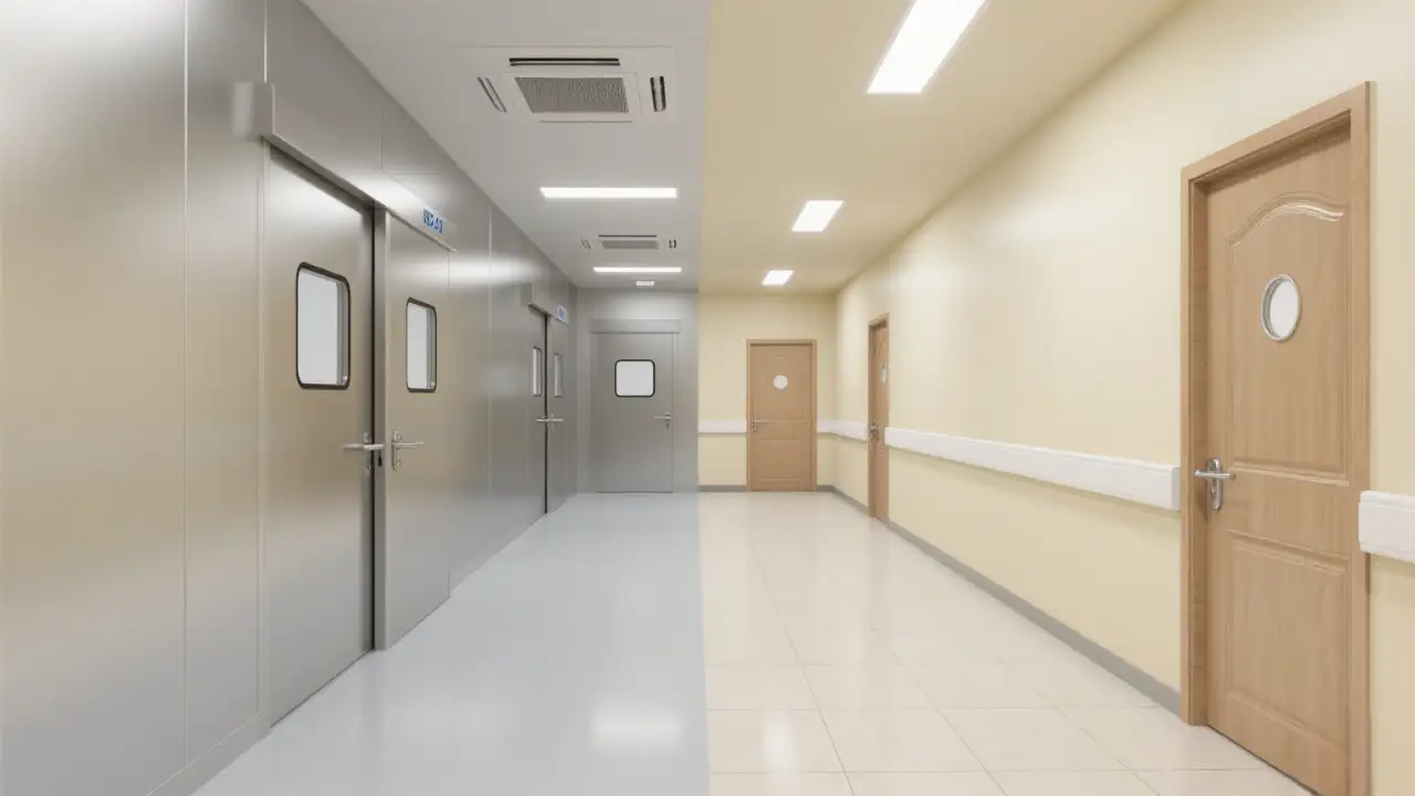 Stainless Steel Door for Cleanroom Area + Wooden Door for Standard Area
