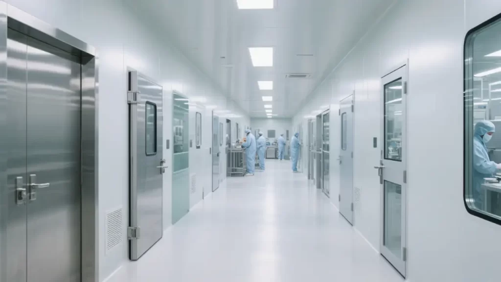 Long corridor in a pharmaceutical cleanroom with personnel in blue cleanroom suits, stainless steel and glass doors, and advanced cleanroom technology, illustrating ISO 5 - 8 compliance.