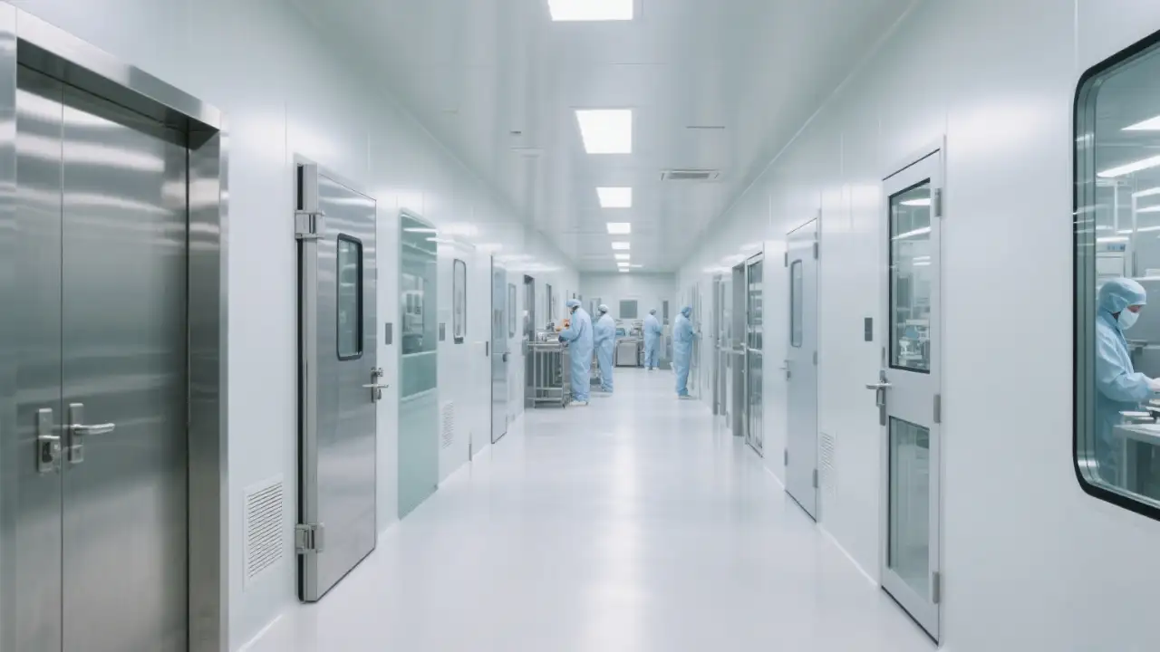 Long corridor in a pharmaceutical cleanroom with personnel in blue cleanroom suits, stainless steel and glass doors, and advanced cleanroom technology, illustrating ISO 5 - 8 compliance.