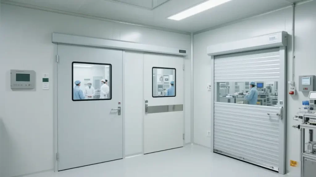 Interior of a pharmaceutical cleanroom featuring different door types, including sliding doors and rolling shutters, with personnel in cleanroom attire, emphasizing sterility and compliance with GMP standards.