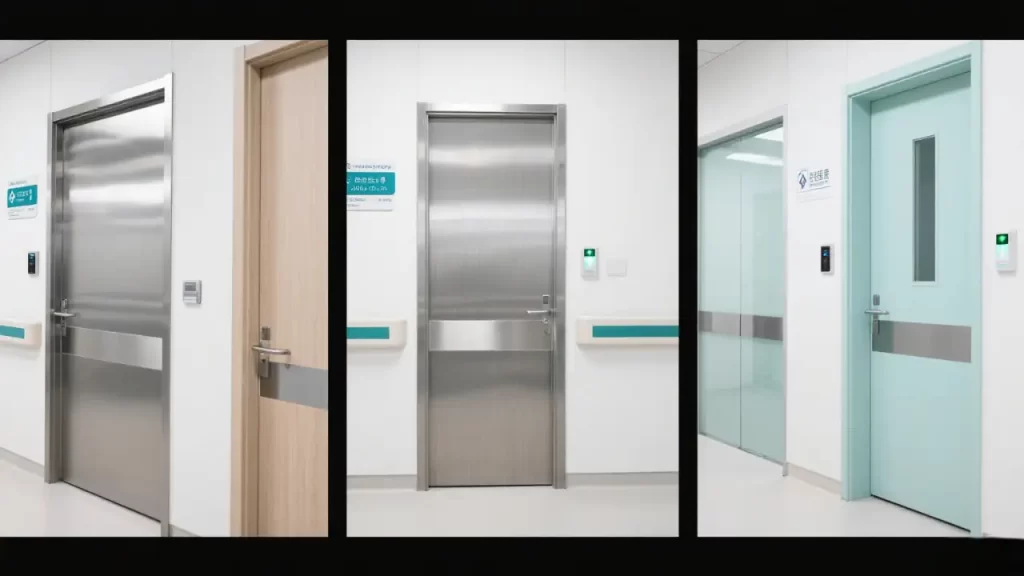 Collage of hospital - grade cleanroom doors made from materials like stainless steel, wood, and glass, highlighting options for healthcare - specific cleanroom applications.