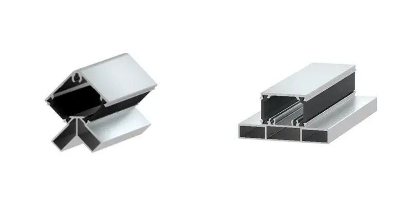 Close-up of anodized aluminum profile cross-section and modular frame for cleanroom construction, featuring seamless joints and airtight design