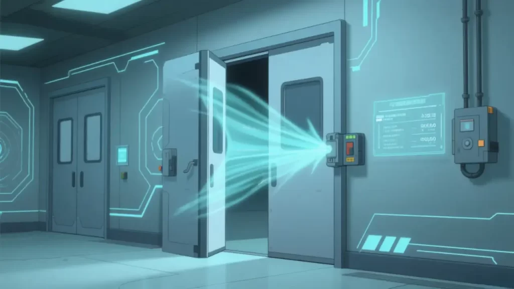Demonstrating high-tech cleanroom doors in pharmaceutical or electronics facilities, showcasing airflow visualization, advanced interlock systems, and digital pressure monitoring capabilities required for ISO-compliant environments.