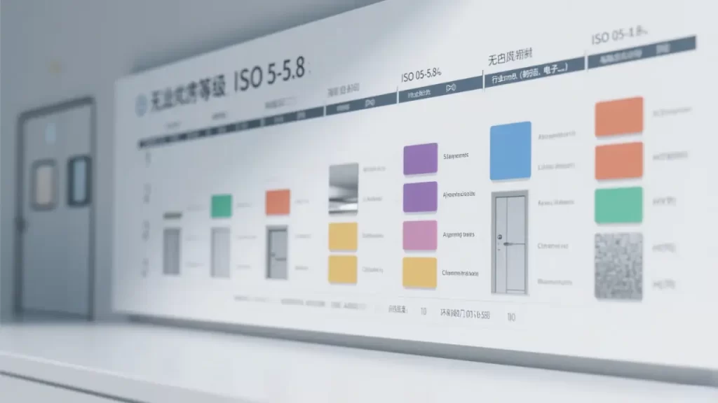 Detailed chart outlining cleanroom door material selection based on ISO 5 - 8 standards, industry needs (pharma, electronics), and environmental conditions, aiding in GMP and FDA compliance.
