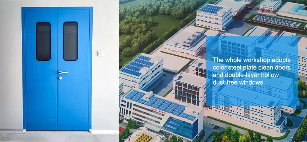 Split-screen view: Left shows a lake-blue color steel clean door (with double-layer hollow anti-fog/bacteria windows, ensuring sterility and light permeability); right displays a factory aerial layout.