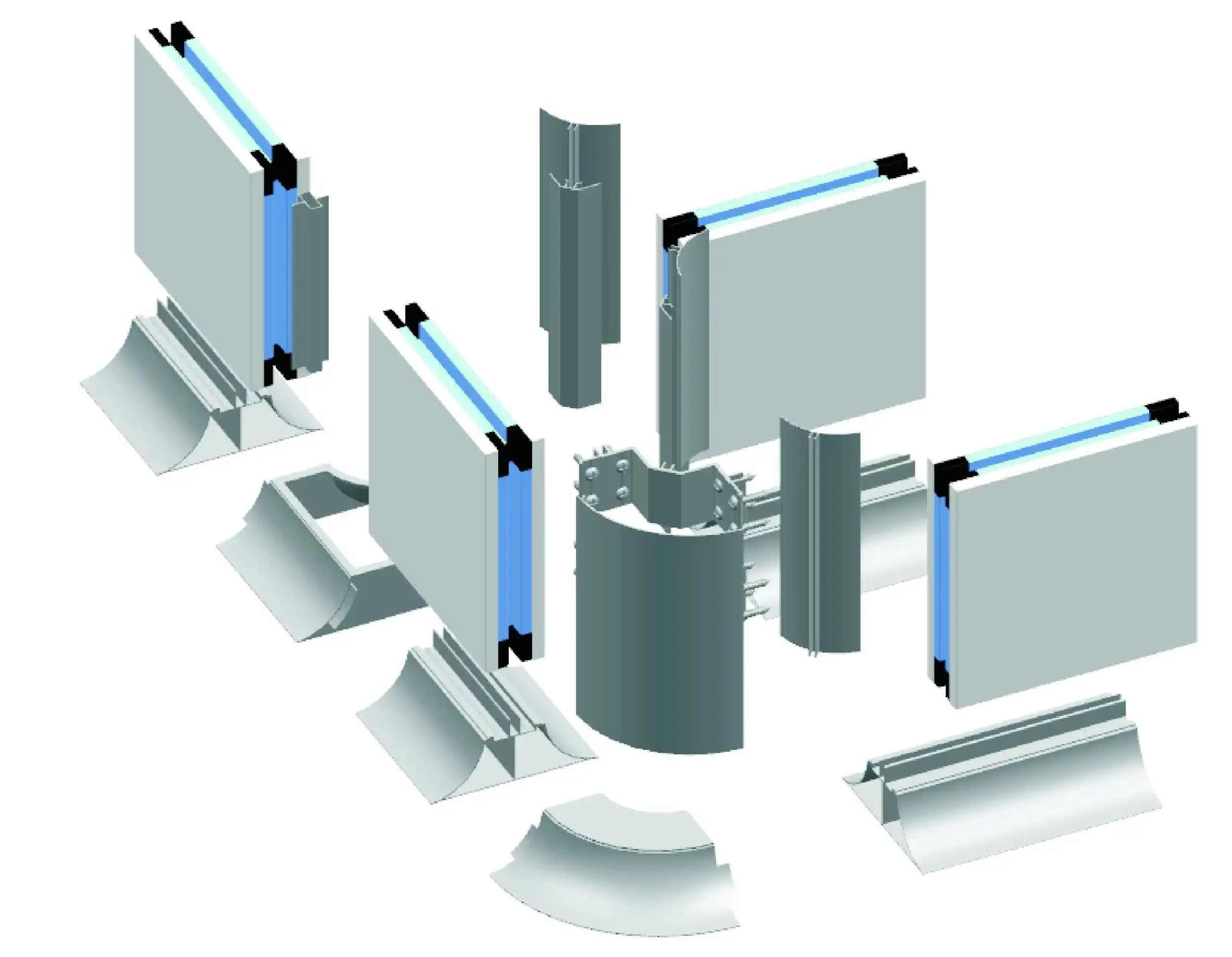 Isometric view of cleanroom aluminum profile components including wall panels, corner posts, and connectors, showcasing the modular design with precise joints (±0.1 mm tolerance) that enables rapid assembly and meets ISO 14644 cleanroom standards.