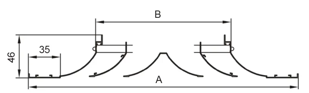 Engineering drawing depicting the curved cross - sectional structure of a ceiling diffuser, with dimension markings (e.g., 40, 35, and symbols A, B), defining specifications for the technical design phase.