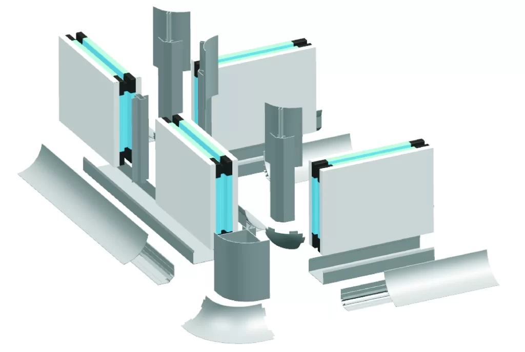 3D exploded view of cleanroom aluminum profile connections. Illustrates how profiles, seals, and fasteners assemble. Explains the structural logic for airtight joints, supporting proper frame assembly and installation quality.