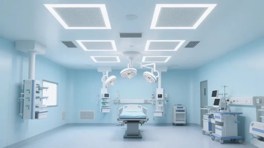 The clean operating room environment in a hospital features a light - blue ceiling integrating diffusers and lighting systems, paired with medical equipment, illustrating its application in medical ventilation scenarios.