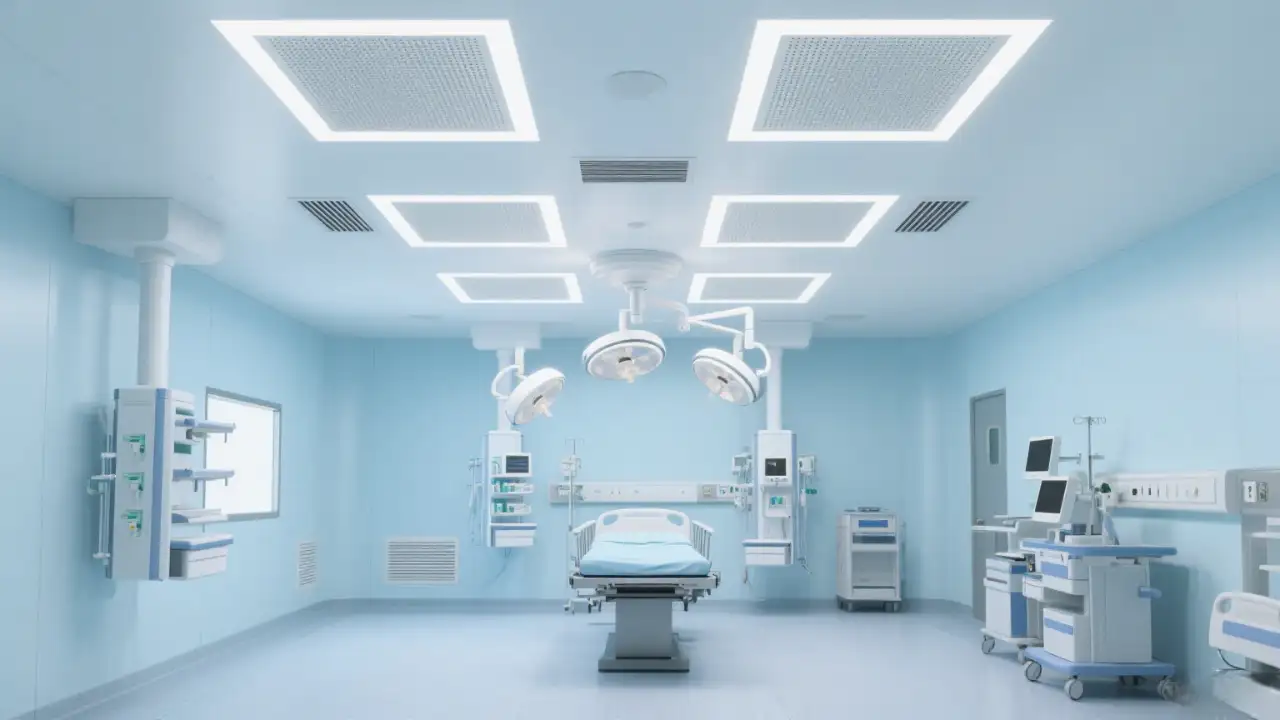 The clean operating room environment in a hospital features a light - blue ceiling integrating diffusers and lighting systems, paired with medical equipment, illustrating its application in medical ventilation scenarios.