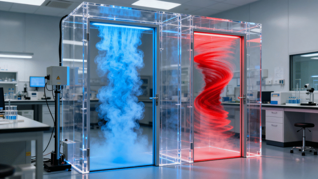 Two transparent cleanroom door setups with blue and red airflow patterns demonstrate how air moves around doors at standard door height.