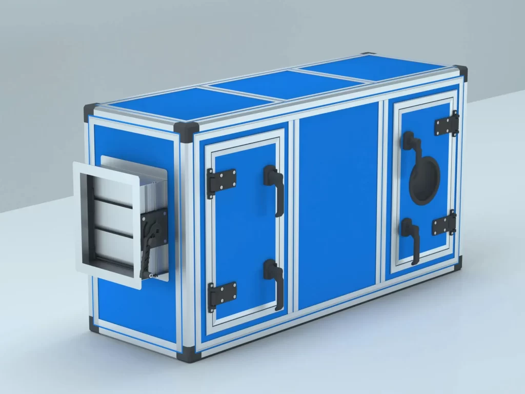A blue Air Handling Unit (AHU) with multiple doors and interfaces, the core equipment of the HVAC system, responsible for filtering and regulating air.