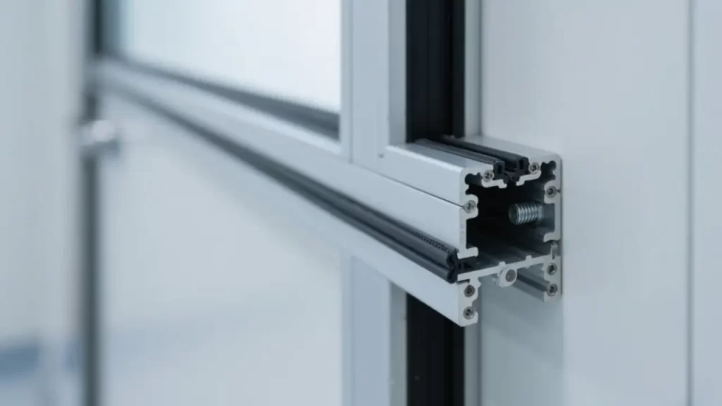 Dual-cavity aluminum air-tight door frame: EPDM gasket grooves, CNC-machined R-corners, sensor mounting holes, and detachable air outlet diffuser cover, combining sealing and easy maintenance.