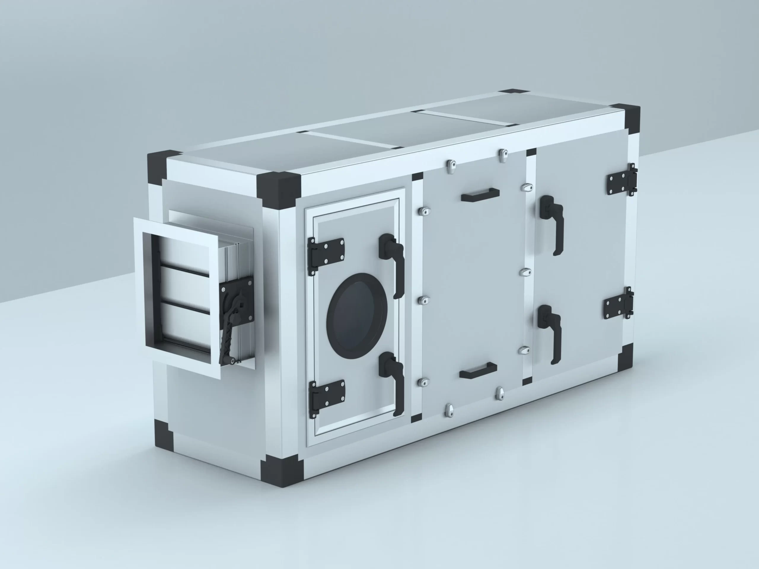 A cleanroom air handling unit with multiple access panels and connectors, essential for environmental control.