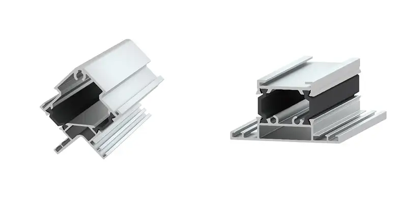 Two cleanroom aluminum profile components, highlighting their metallic structure and design for cleanroom use.