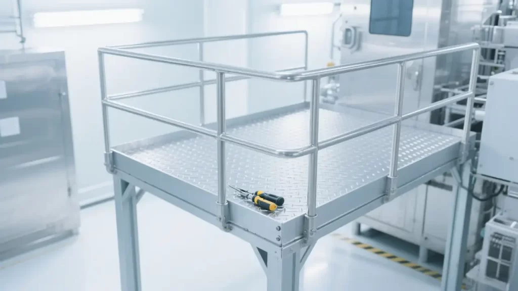 6063-T6 aluminum maintenance platform: 80×60mm main beams, anti-slip aluminum grilles, Φ32 handrails, integrated pipe brackets, and adjacent insert air diffusers, highlighting maintenance convenience.