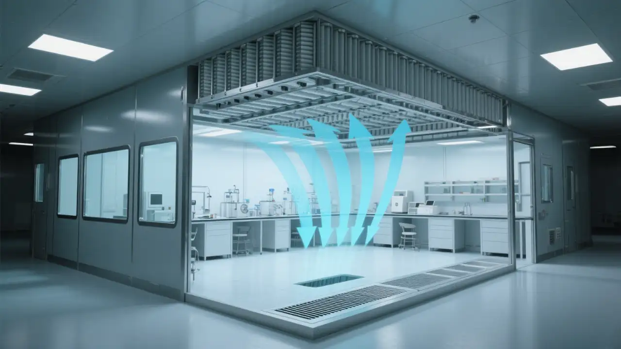 Presents the airflow organization of a full - coverage fan filter unit (FFU) system based on HVAC diffusers in a cleanroom, where air flows uniformly and vertically downward from ceiling high - efficiency filters.