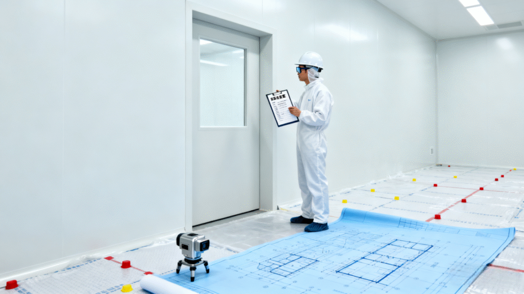 A worker in cleanroom attire inspects a door with a laser level and blueprints, ensuring it meets standard door height requirements.