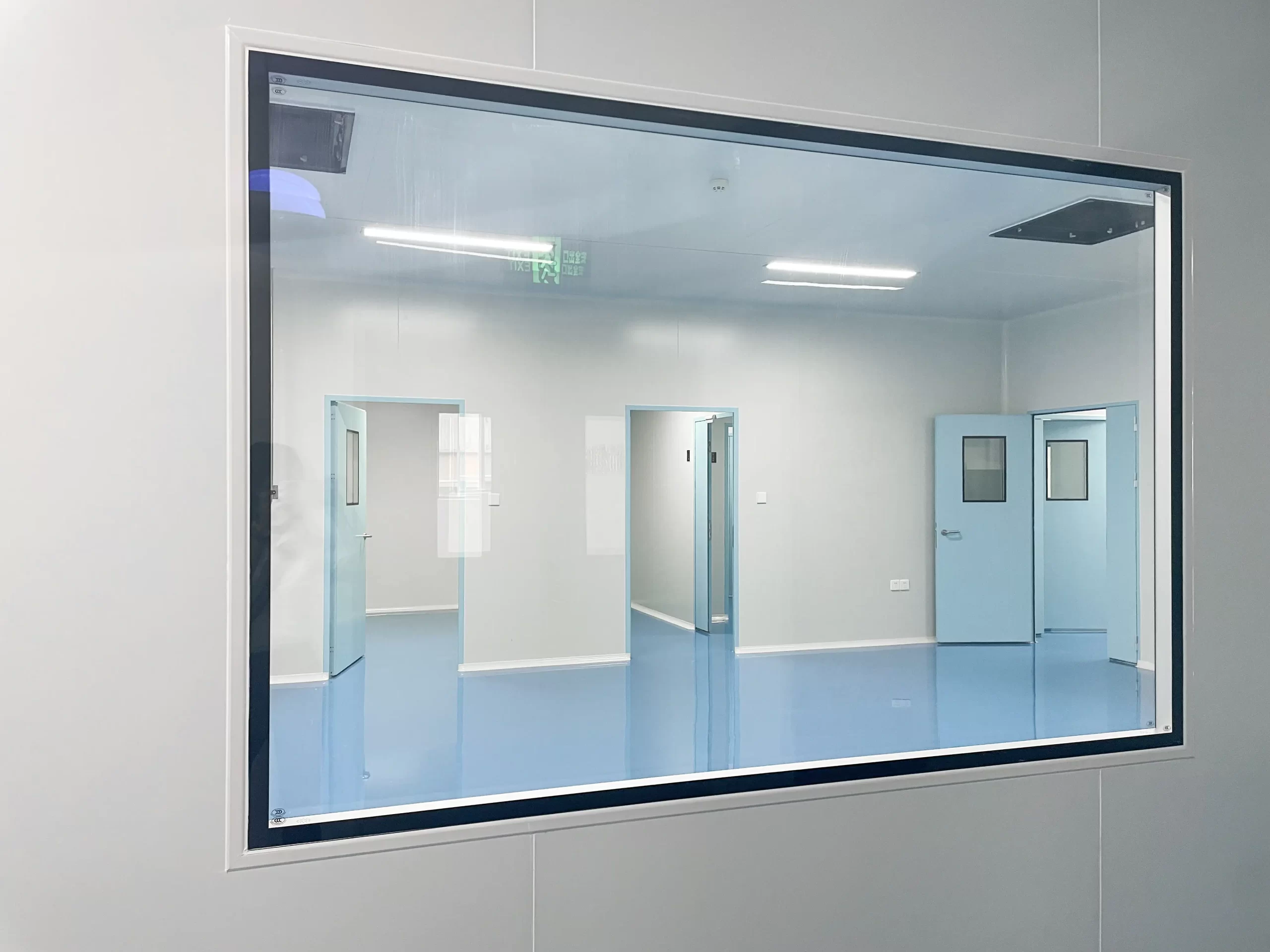 View through a glass window into a cleanroom with blue doors, smooth surfaces, and controlled lighting, designed for pharmaceutical or biotech manufacturing.