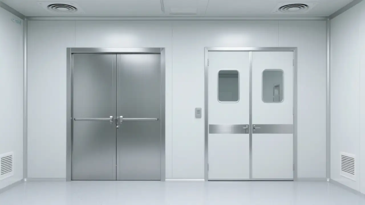 Comparison chart of stainless steel and aluminum swing doors in a cleanroom. A large stainless steel door is on the left, and aluminum double doors are on the right, both with observation windows. HVAC ventilation equipment is installed on the top