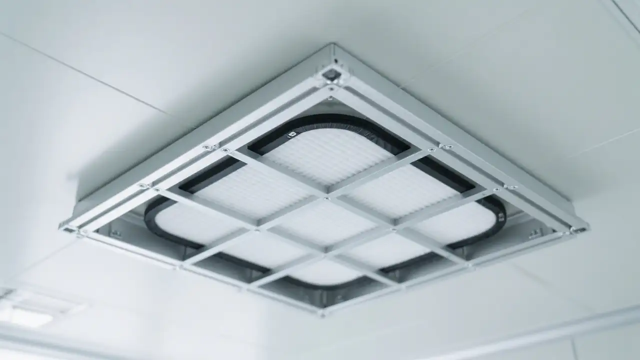 Realistic view of cleanroom ceiling: 6063-T5 aluminum profiles form a grid frame, HEPA filters fit into T-slots with EPDM gaskets, and plenum side panels are anodized aluminum, showing 