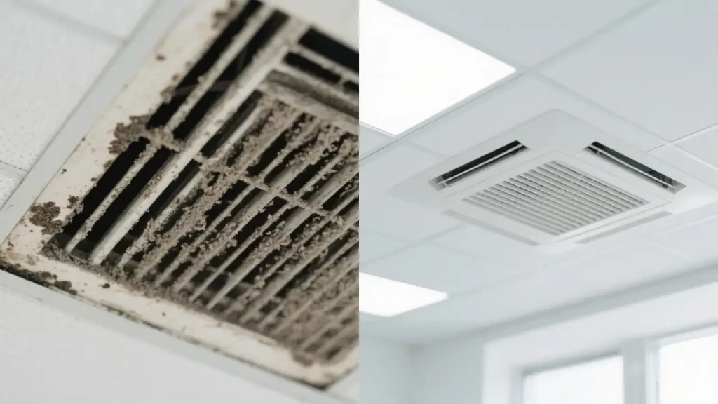 On the left is a dirty air vent covered with dust and mold, and on the right is a clean air vent, reflecting the impact of the Air Handling Unit (AHU) on the cleanliness of the air vent.