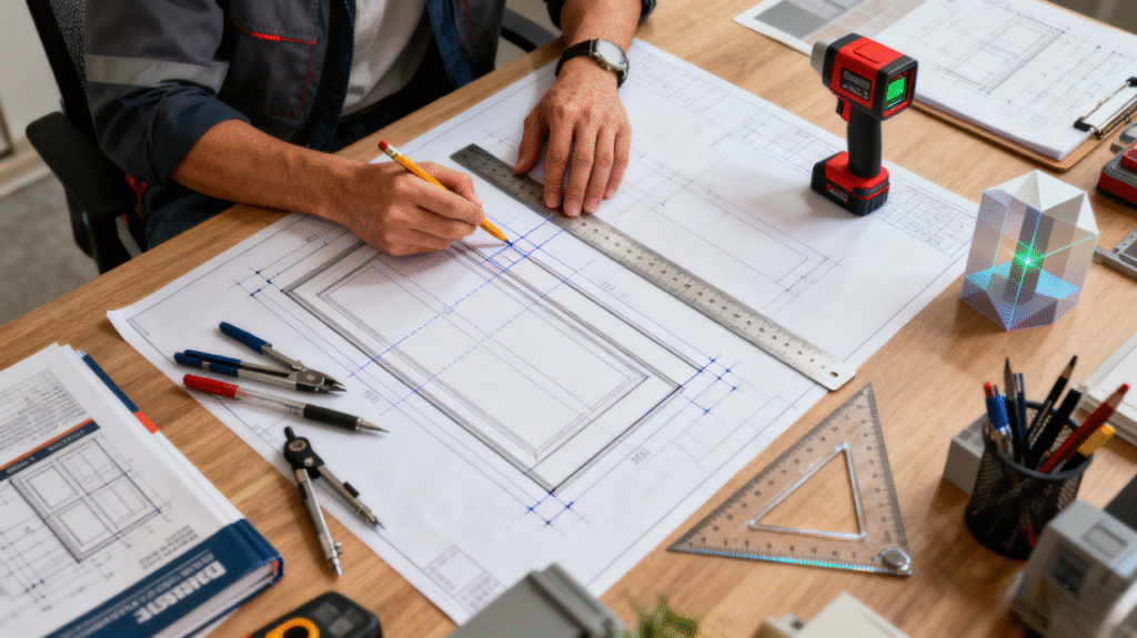 A person draws cleanroom door plans on blueprints, using a ruler, to design doors that meet standard door height, with a laser measure and drafting tools on the desk.