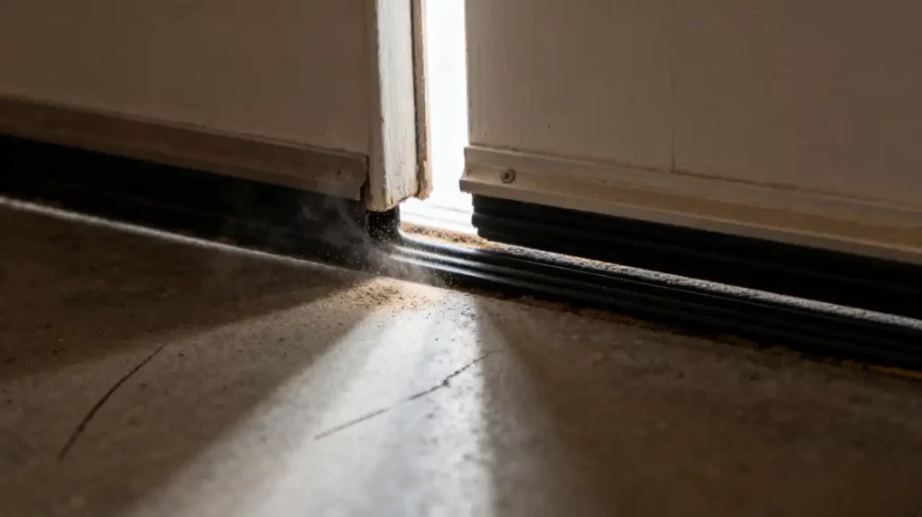 A close - up of the bottom gap between two cleanroom doors, with dust and particles visible around the gap, indicating leakage.