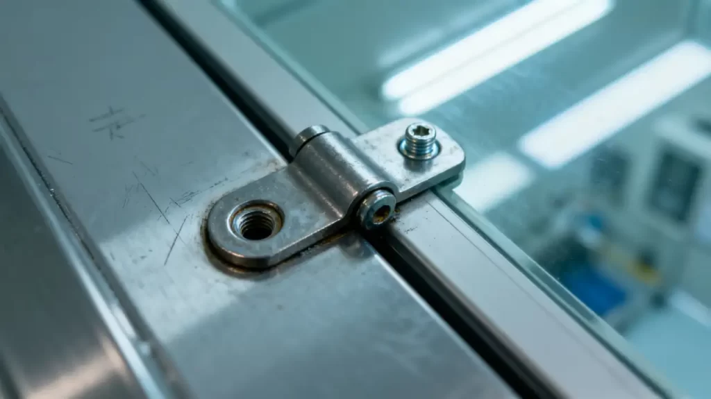 A close - up detail of a door hinge, made of metal, with some signs of wear and a screw visible, in a cleanroom setting.