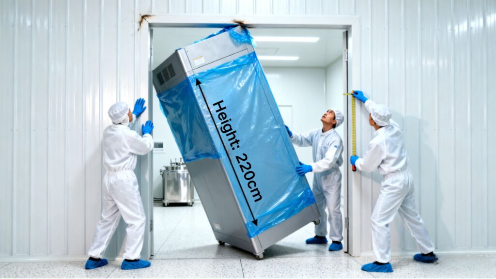 Workers maneuver a 220cm - tall piece of equipment wrapped in blue plastic, stuck at a cleanroom doorway, highlighting issues from non - standard door height.