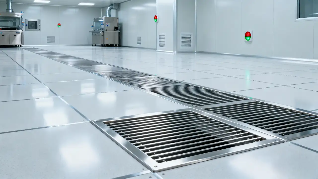 Panoramic view of a modern ISO Class 5 cleanroom, showing a seamlessly integrated aluminum floor vent aligned with the smooth epoxy flooring and modular wall systems.