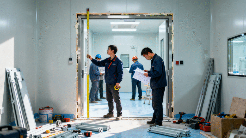 Workers measure a cleanroom door opening during installation to ensure it conforms to standard door height, with tools and materials nearby.