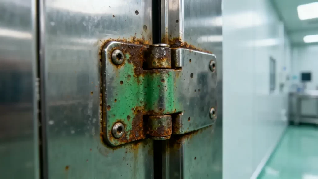A close - up of a heavily rusted hinge on a cleanroom door, showing significant corrosion and wear.