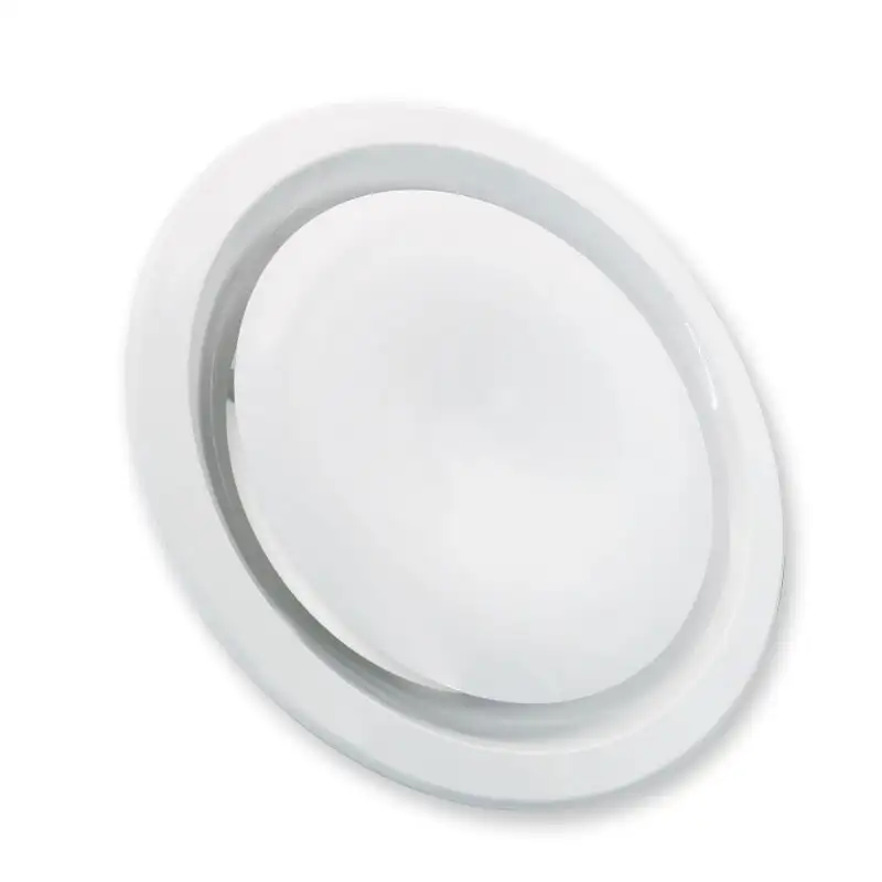 An angled view of a white round aluminum return air grille, highlighting its smooth finish and design suitable for efficient airflow and easy cleaning in cleanrooms and controlled environments.