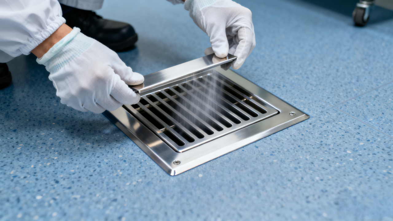 A technician in cleanroom attire installs a 316L stainless steel floor vent, showcasing its flush design and smooth airflow in a controlled environment.