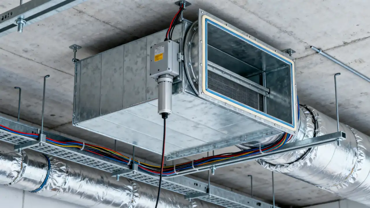 A close-up of an electric air damper installed in the ductwork of a commercial building, integrated with an actuator, surrounded by insulated pipes and colorful wiring, demonstrating HVAC energy efficiency technology.
