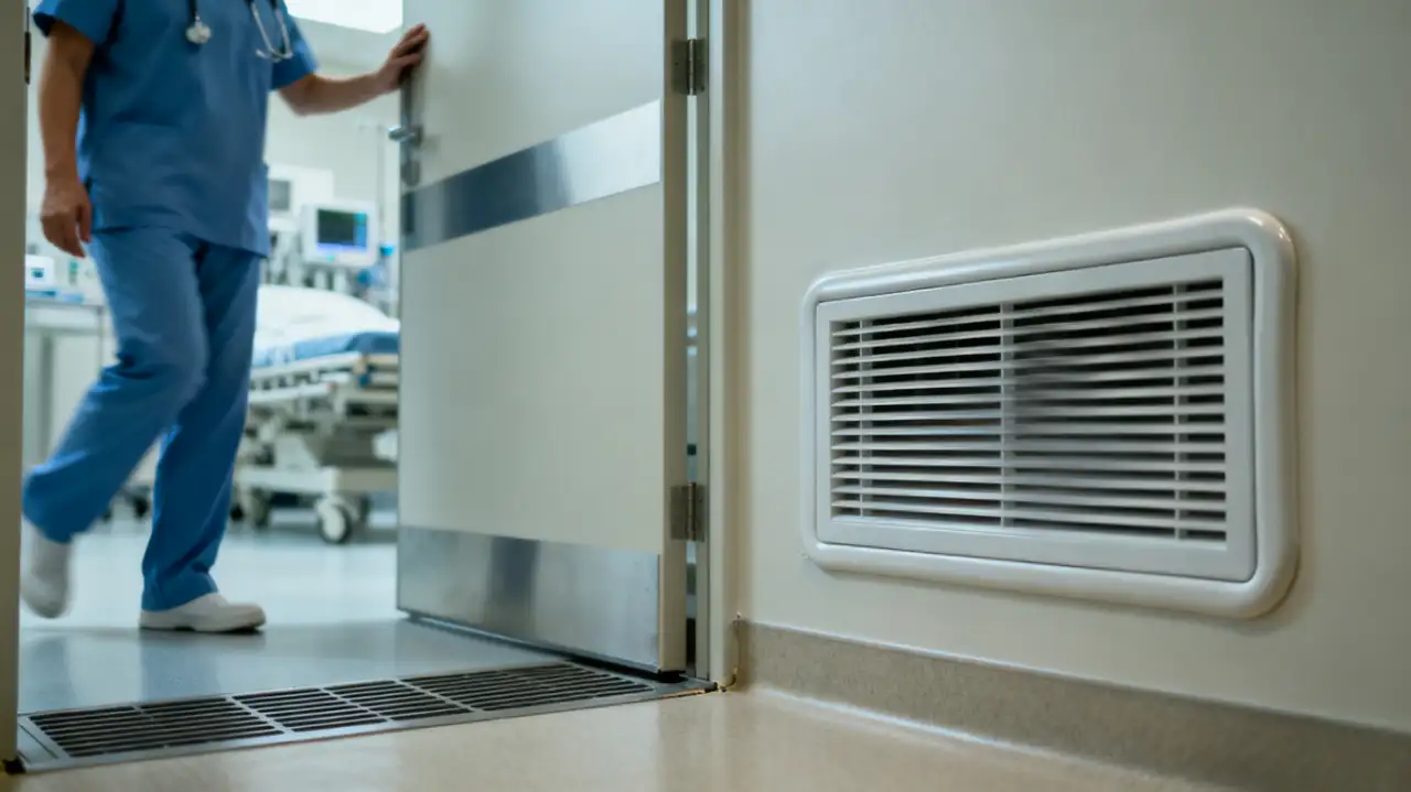 A wall vent installed in a hospital room, with a medical professional and medical equipment in the background, demonstrating airflow control in a negative-pressure environment.