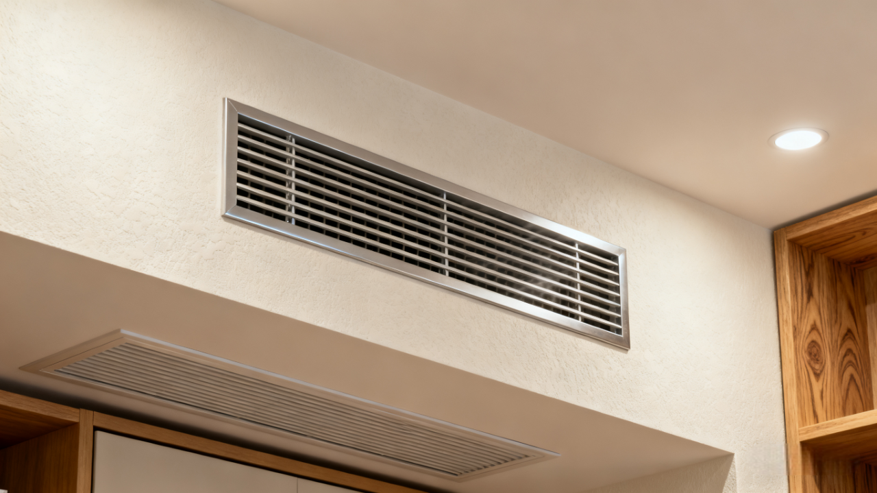 A sleek, clean linear AC register installed high on a wall, with no obstructions, ensuring efficient air distribution in a well-maintained space.