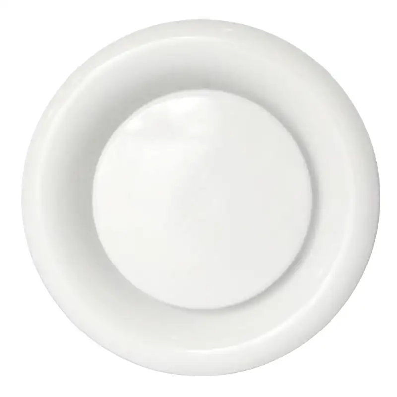 A top view of a white, round aluminum return air grille with a smooth, non-porous surface, ideal for cleanrooms and hygienic environments.