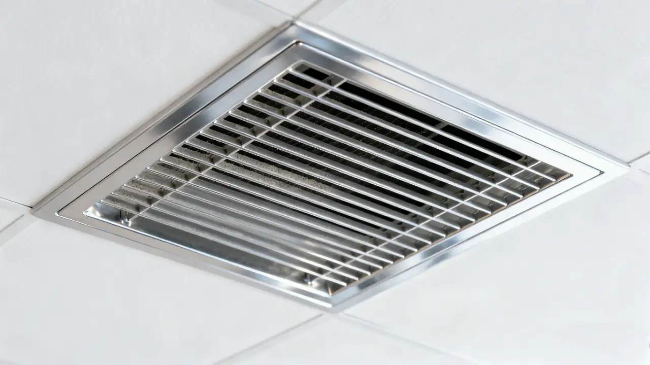 A close-up of a spotless, shiny ceiling vent grille with no dust buildup, showcasing proper maintenance for optimal HVAC efficiency and indoor air quality.