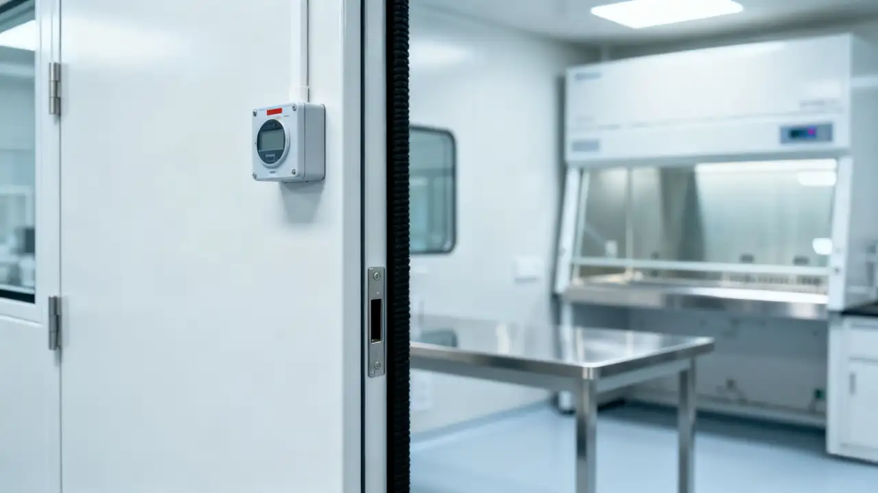 Detail of a laboratory door: a digital pressure sensor (mounted on the frame) and an electronic interlock lock. The background shows a cleanroom with a biosafety cabinet, highlighting smart facility integration.