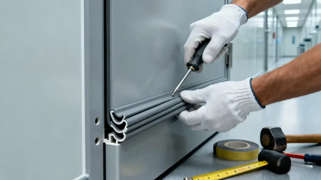 Gloved technician uses a screwdriver to install a multi-layer rubber seal on a laboratory door. Tools (tape measure, hammer) lie on the cleanroom floor, demonstrating seal retrofit work.
