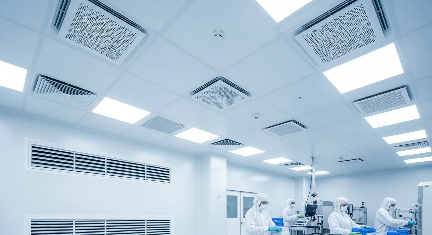 Cleanroom facility featuring multiple square ceiling air diffusers and a wall-mounted air vent for precision HVAC environmental control