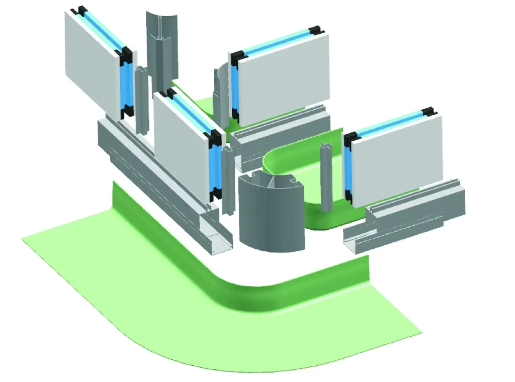 3D exploded view of cleanroom corner aluminum profile structure, showing wall panels, sealing strips, and modular framework details.