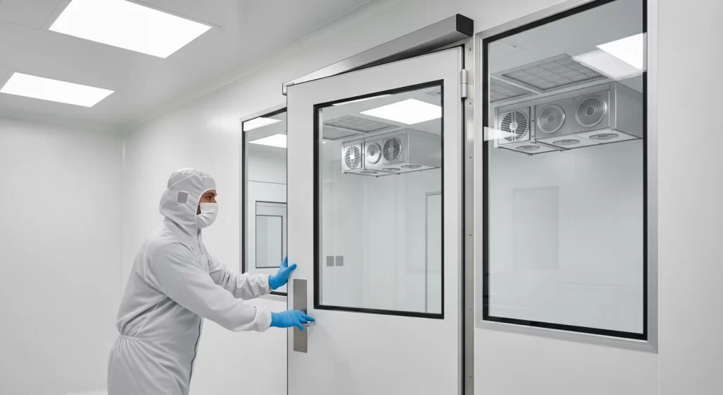 Technician pushes cleanroom door