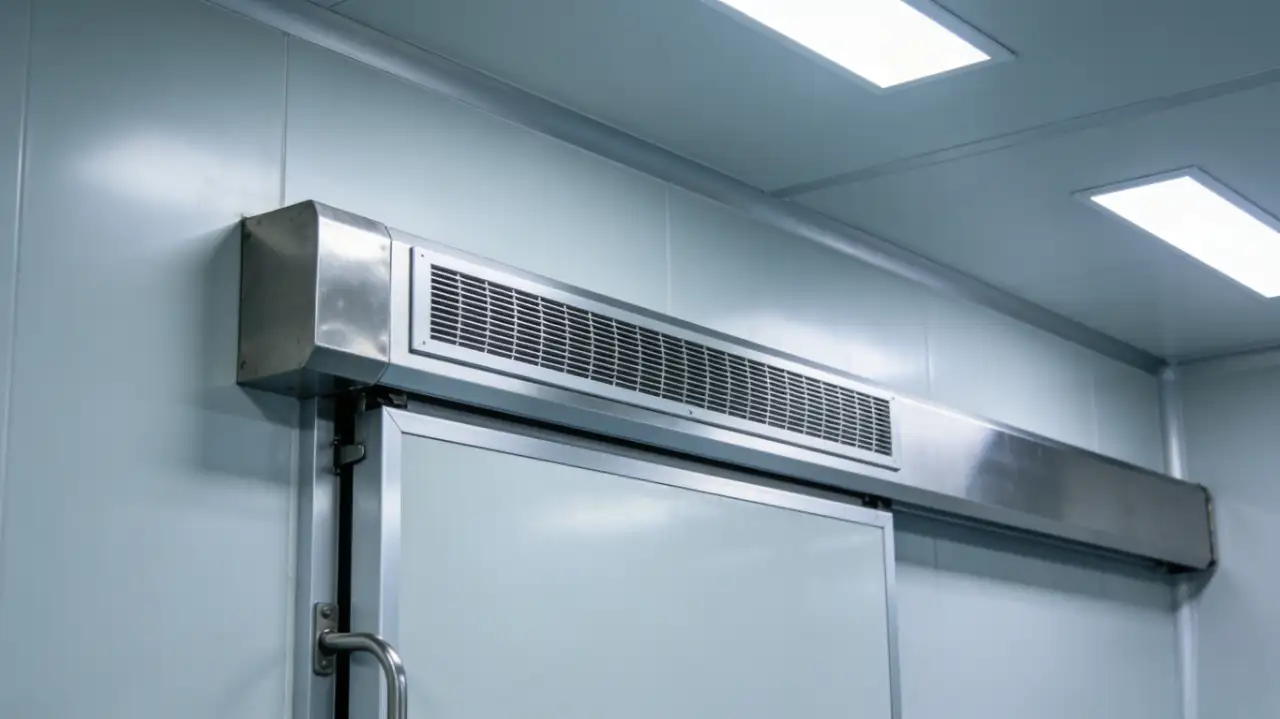 A cleanroom sliding door with an integrated air vent grille mounted above it, set in smooth light blue wall panels.