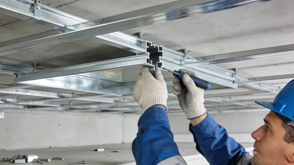 A worker in blue uniform and hard hat installs an aluminum profile on a cleanroom ceiling with a screwdriver.