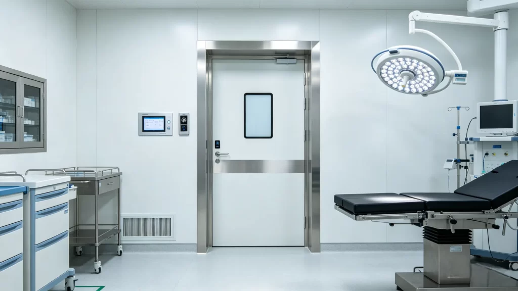 Hygienic cleanroom door in a modern hospital operating room, featuring antimicrobial surfaces and integrated access control for infection control.